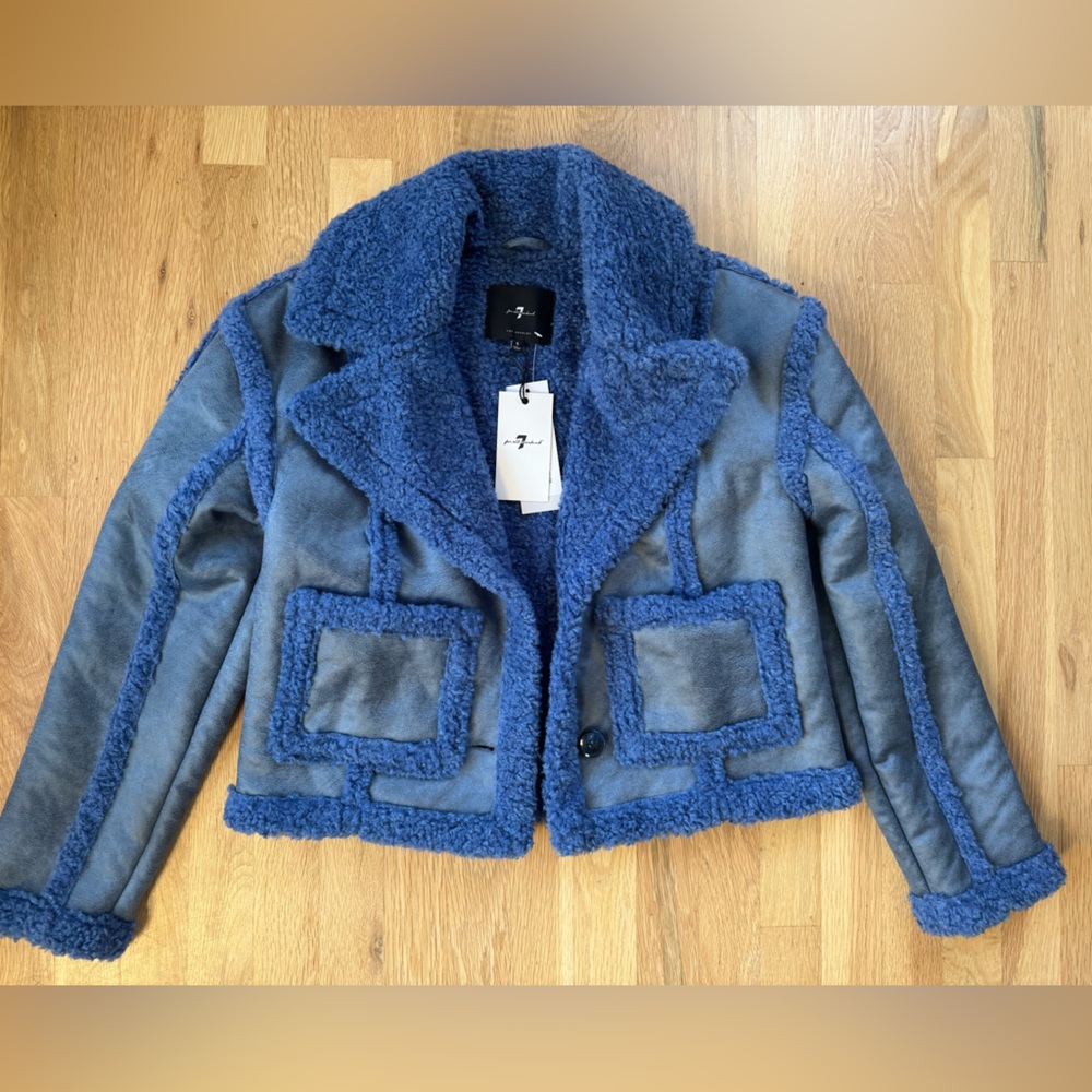 7 For All Mankind Blue Shearling-Trim Cropped Jacket